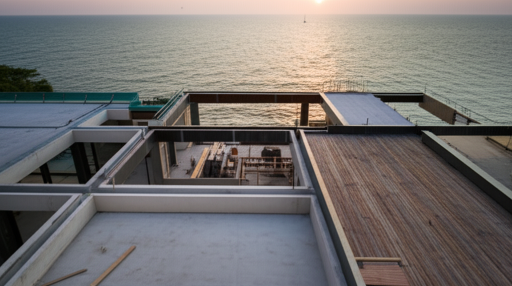 Vue aérienne d'une villa contemporaine au coucher du soleil, démontrant l'excellence architecturale d'Atelier Structure